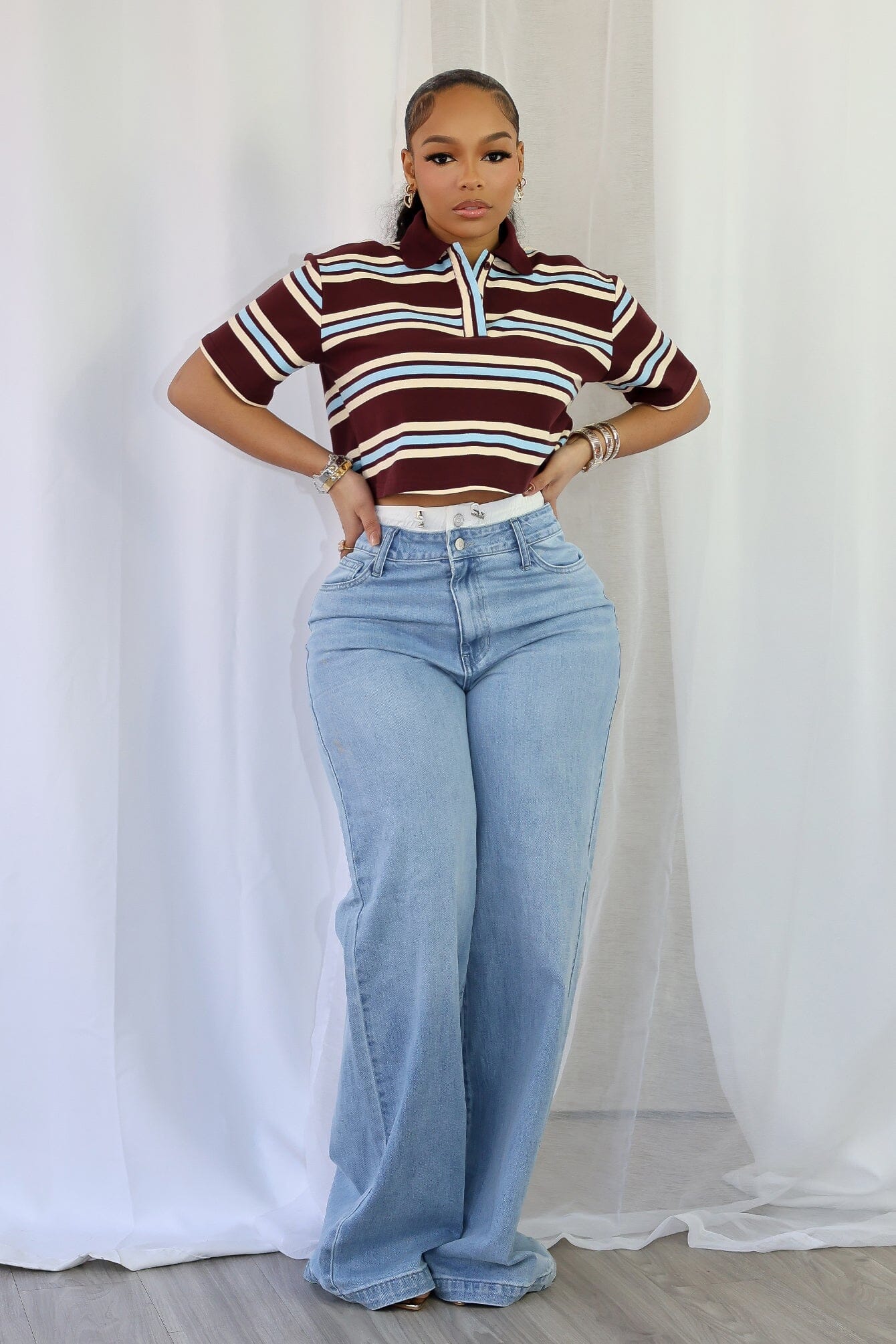 Sally Striped Collared Button Up Crop Top - Image 2