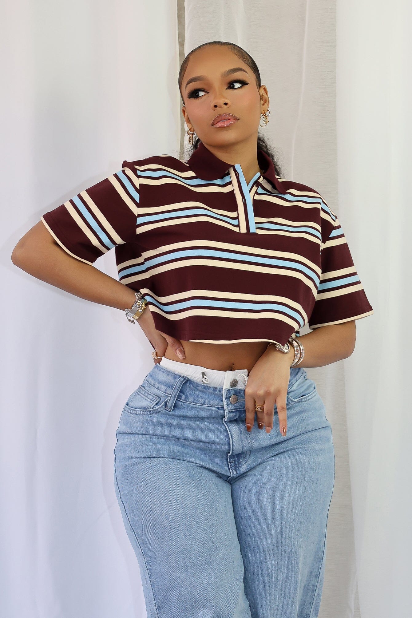 Sally Striped Collared Button Up Crop Top - Image 3