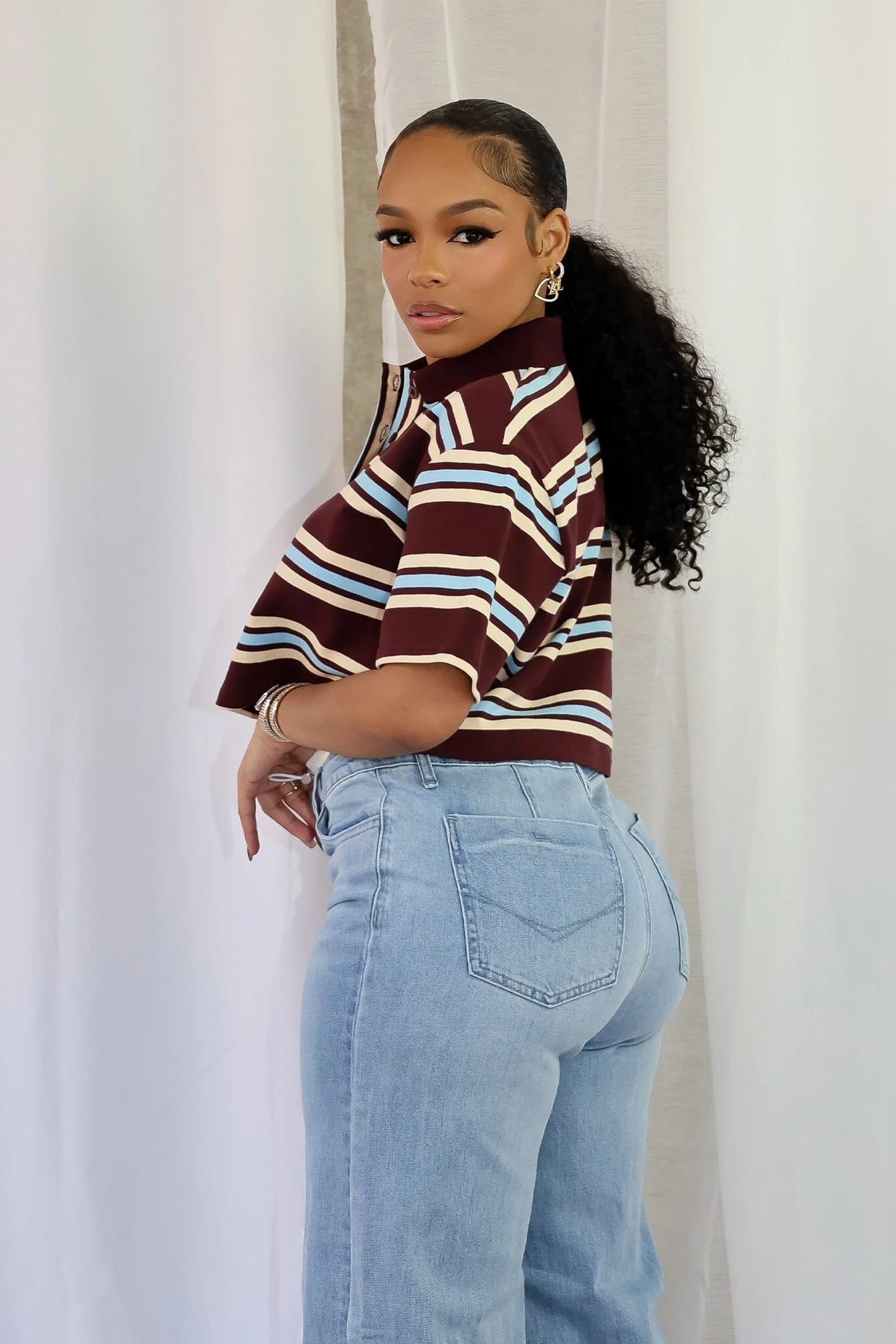 Sally Striped Collared Button Up Crop Top - Image 4