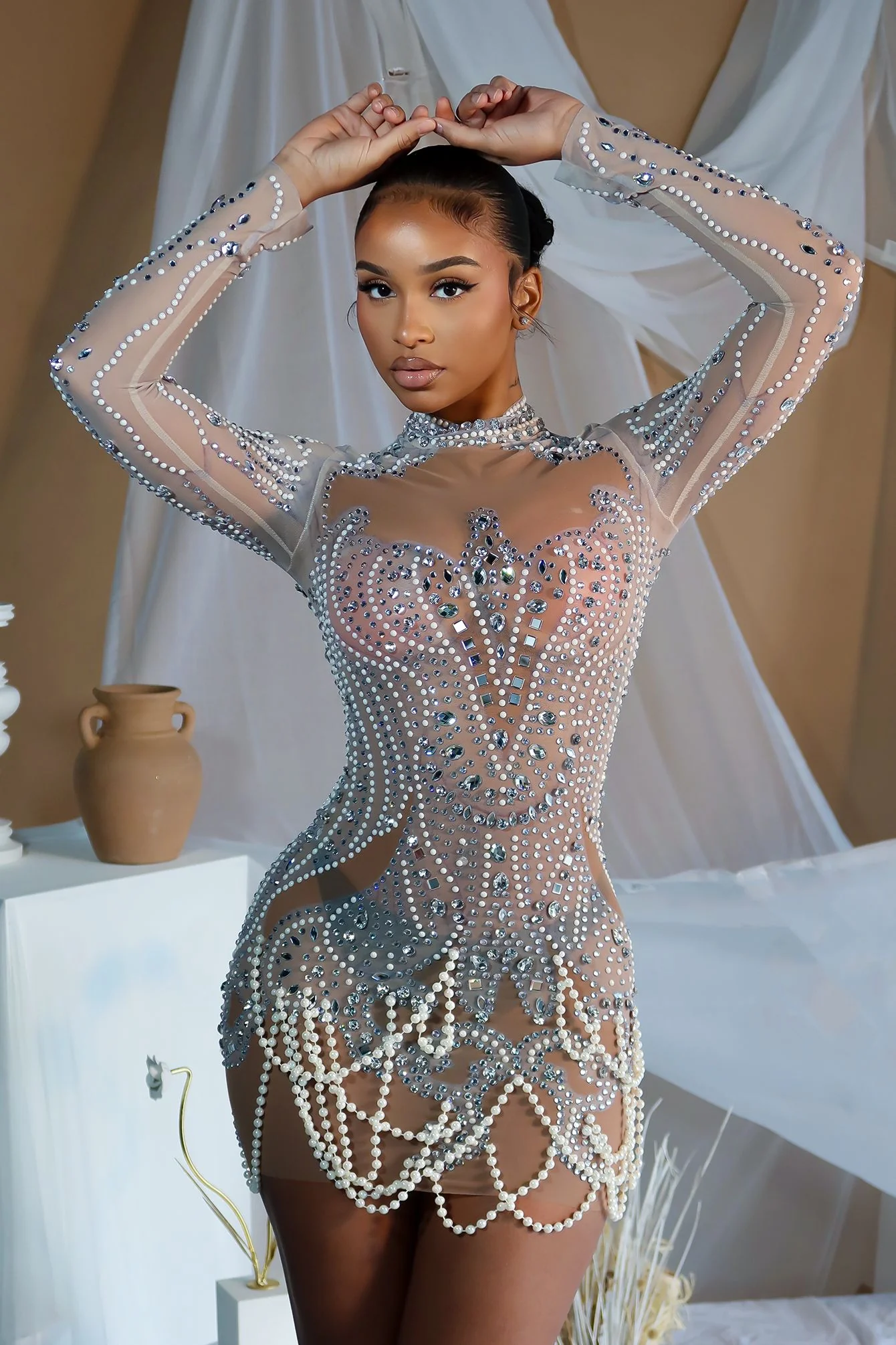 See Through Mesh Mini Dress With Pearl & Rhinestone - Image 3