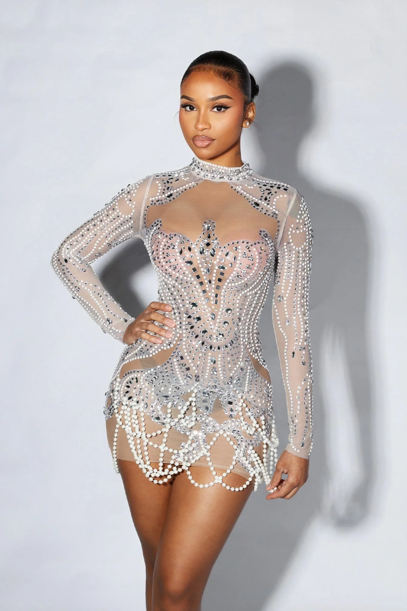 See Through Mesh Mini Dress With Pearl & Rhinestone - Image 4