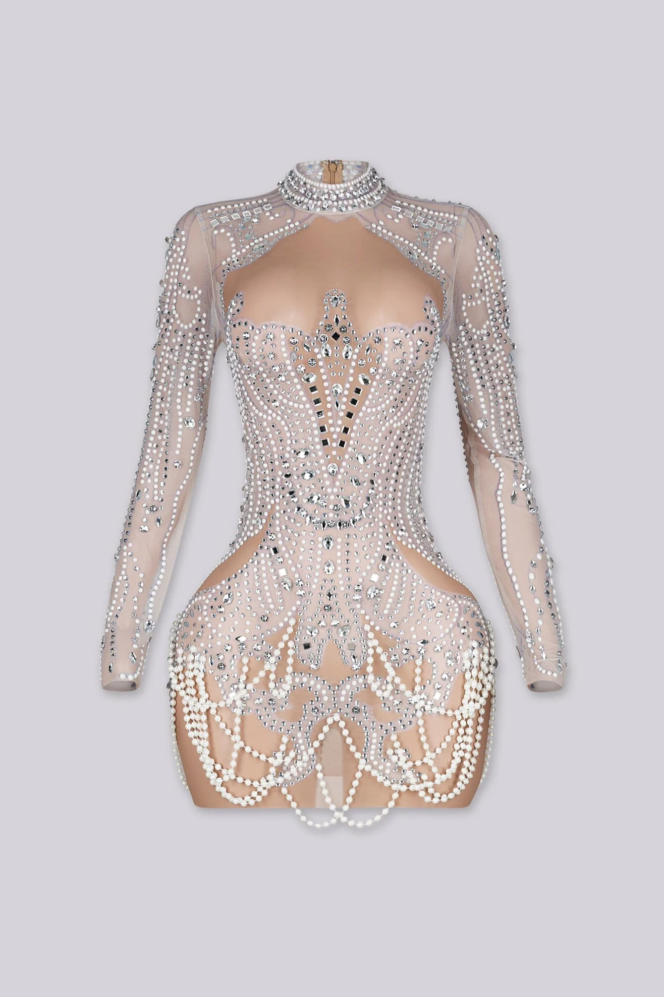 See Through Mesh Mini Dress With Pearl & Rhinestone - Image 6