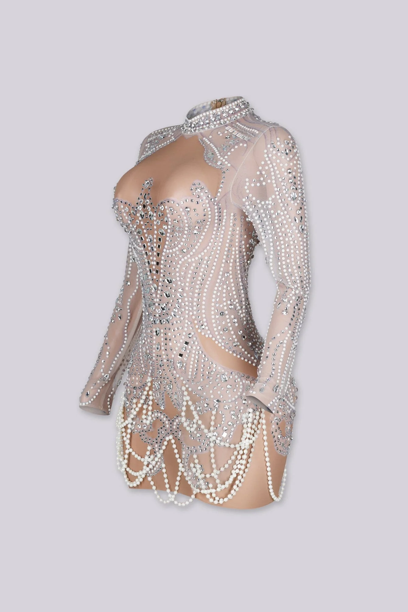See Through Mesh Mini Dress With Pearl & Rhinestone - Image 7