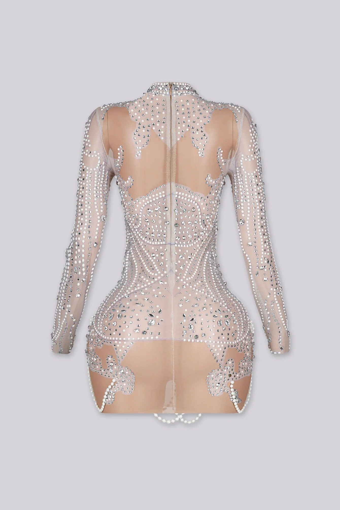 See Through Mesh Mini Dress With Pearl & Rhinestone - Image 8