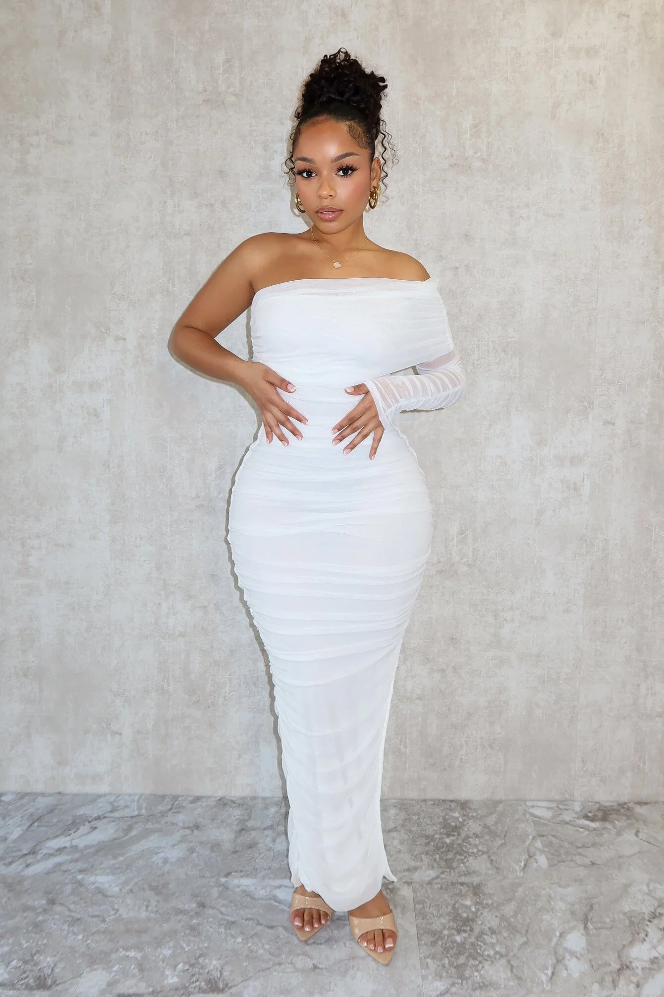 So Dramatic Mesh Ruched One Sleeve Dress - Image 2