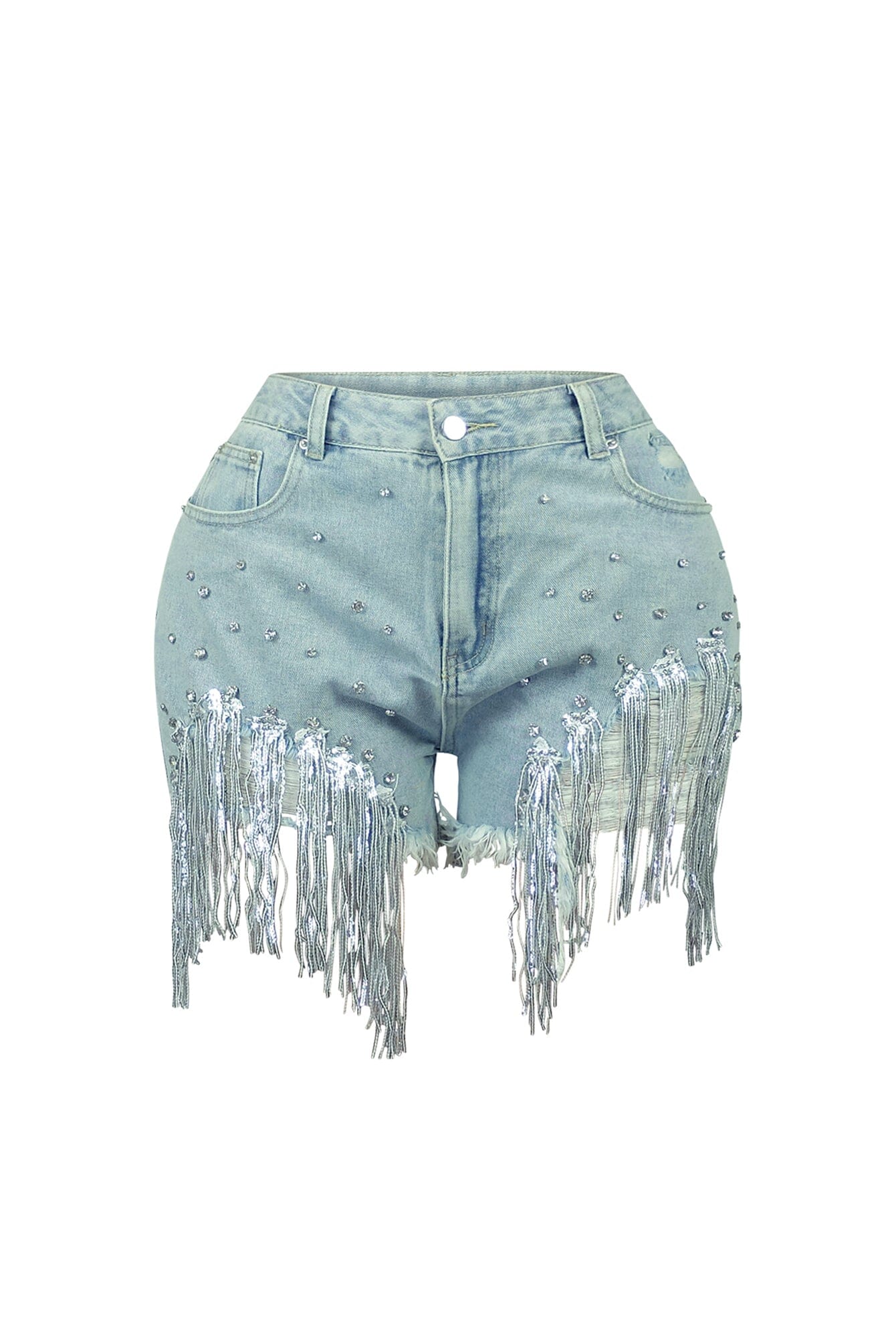 Sparkling Moments Rhinestone & Sequin Denim Shorts - Image 3