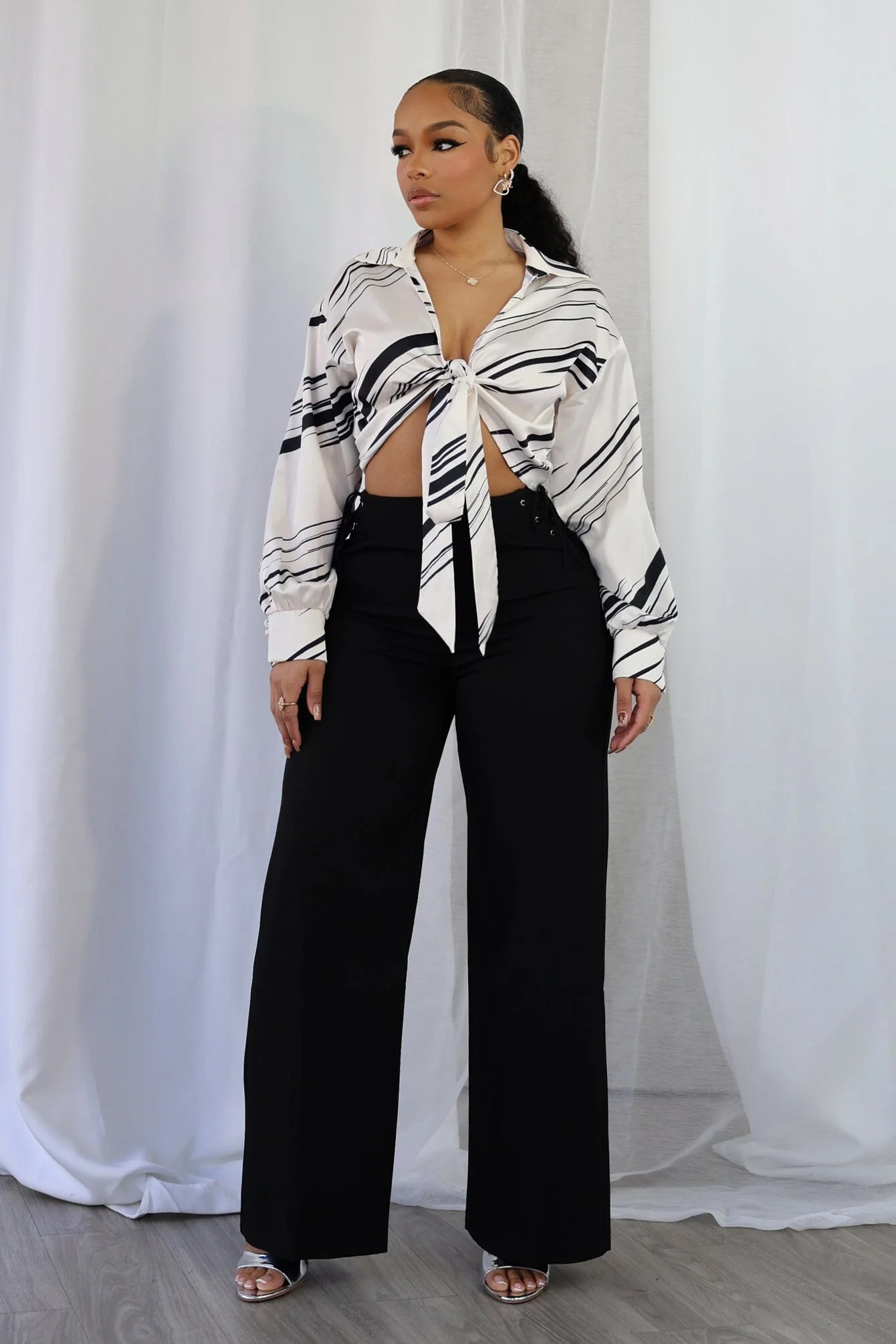 Tara Geo Printed Satin Tie Blouse - Image 3