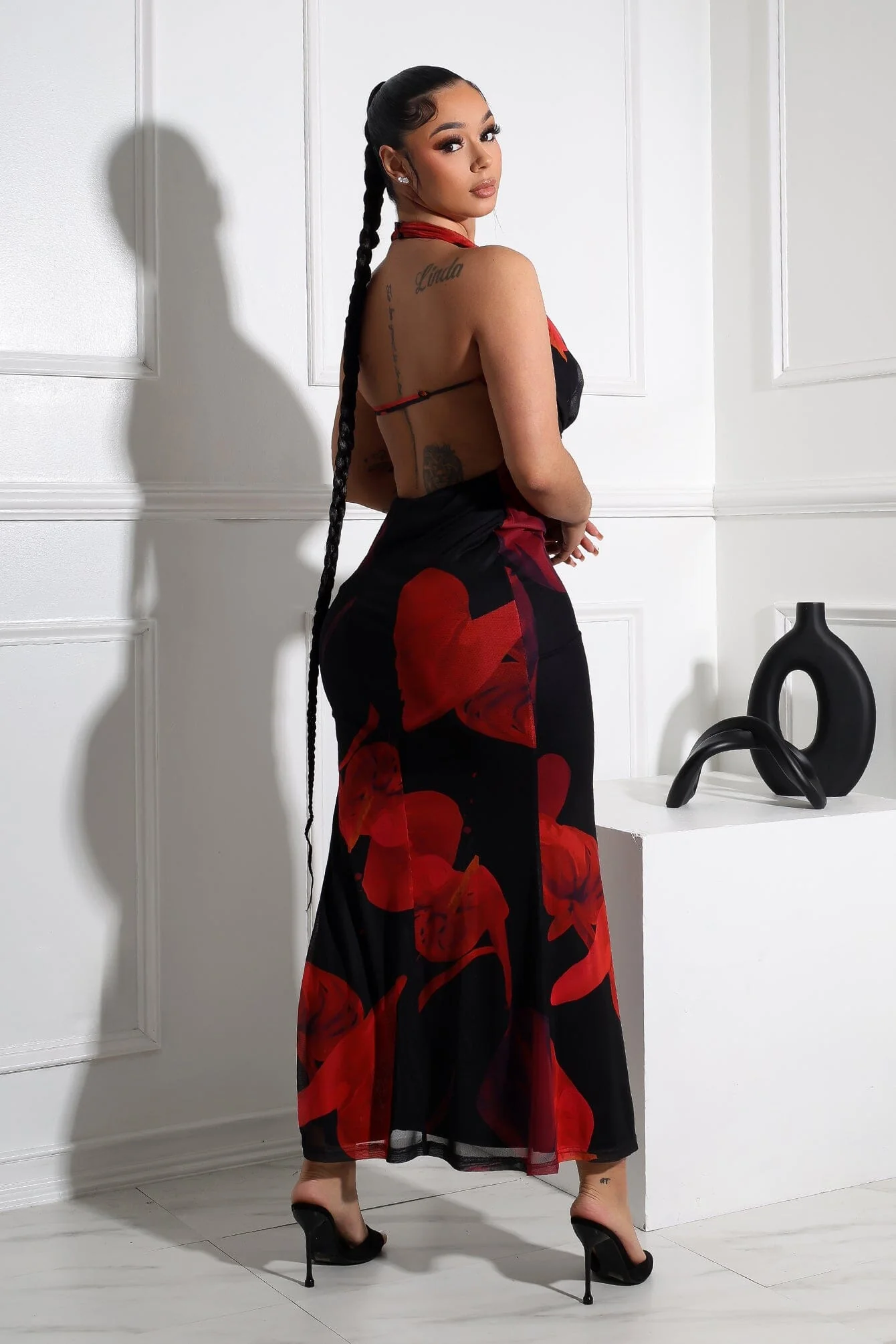Tatum Mesh Rose Halter Cowl Maxi Dress - Image 2