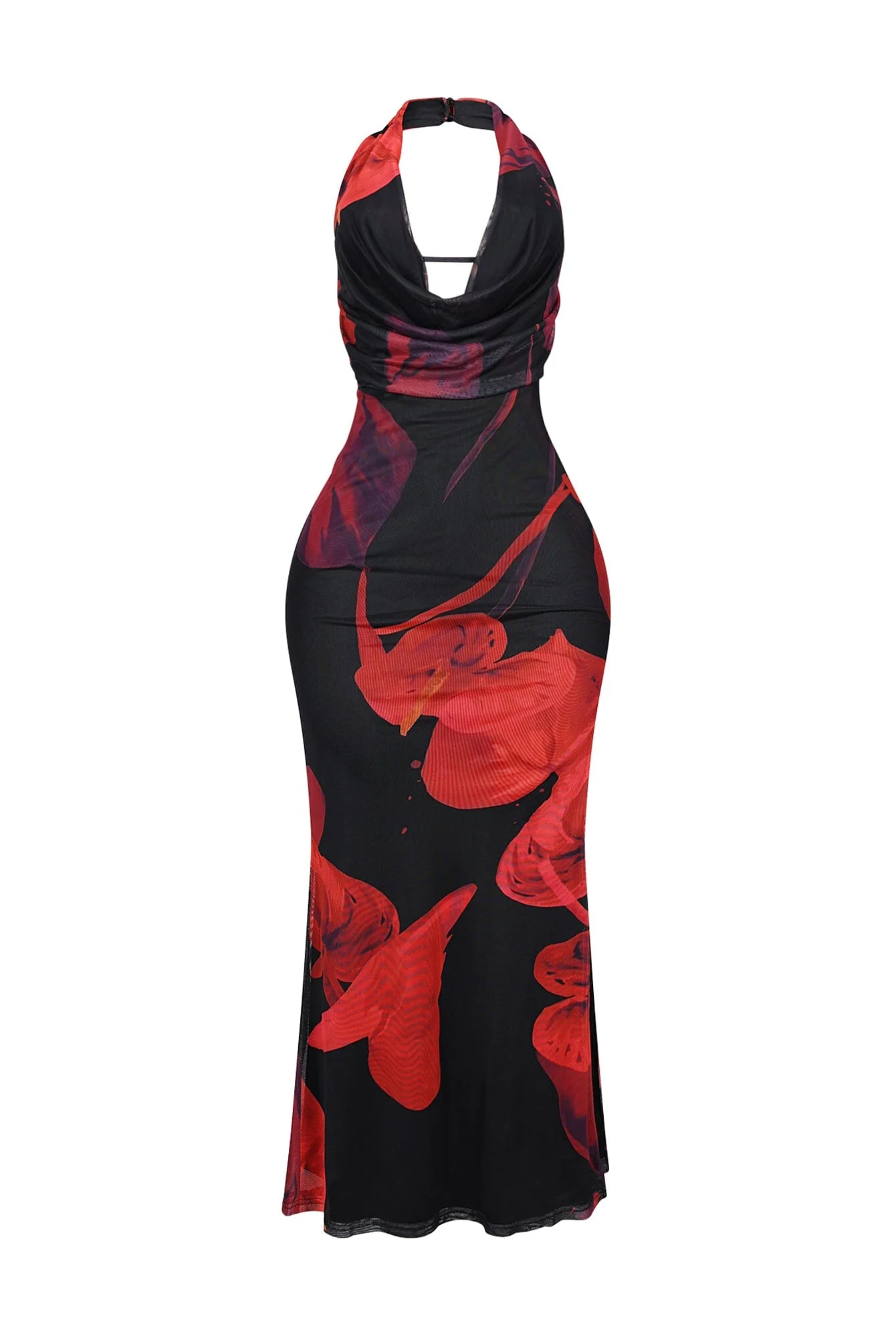 Tatum Mesh Rose Halter Cowl Maxi Dress - Image 3