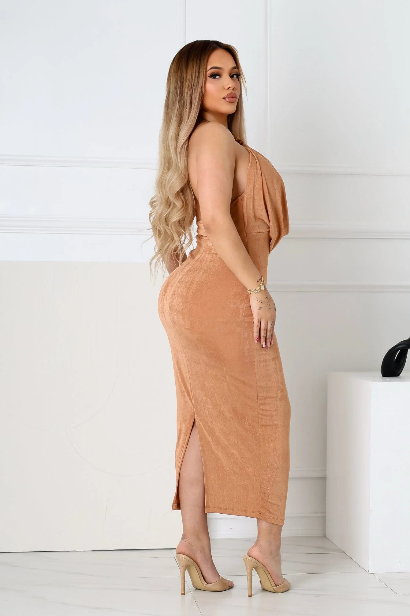 Truffle Slinky Cowl Neck Halter Midi Dress - Image 6